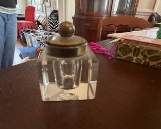 Antique Crystal Inkwell with Silver-Plated Mount