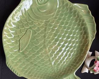 Vintage Portuguese Caldas da Rainha Ceramic Green Fish Platter