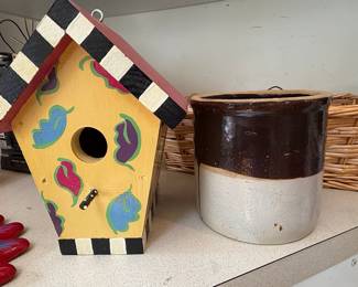 Hand-Painted Decorative Birdhouse and Two-Tone Stoneware Crock