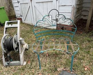 Vintage Teal Wrought Iron Garden Bench with Scrollwork