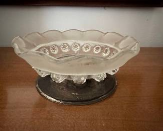 Frosted Glass Compote Dish with Scalloped Rim and Raised Circular Motifs, Metal Base