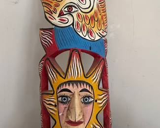 Hand-Carved Wooden Sun and Bird Mask, Mexico