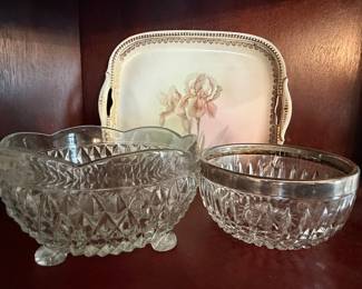Victorian Crystal Bowl and Serving Tray with Iris Motif