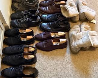 Assorted Men's Footwear Collection: UGG Boots, Leather Dress Shoes, and Hiking Boots