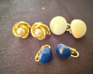 Assorted Costume Earrings: Gold-tone Pearl Swirls, Blue Ovals, Cream Ovals