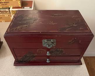 Vintage Wooden Jewelry Box with Hand-Painted Scene