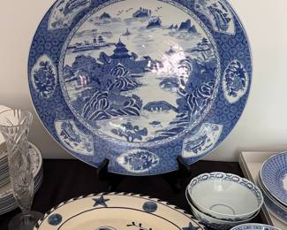 Antique Chinese Export Blue and White Porcelain Charger Plate with Landscape Scene