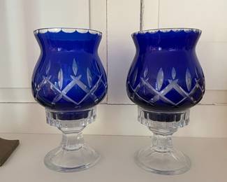 Pair of Bohemian Cobalt Blue Cut Crystal Candle Holders