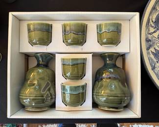 Handmade Ceramic Sake Set with Two Bottles and Four Cups
