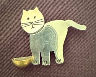 Mexican Sterling Silver Cat with Bowl Brooch
