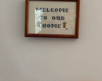 Framed Cross Stitch "Welcome to Our Home" with Pineapple Motif