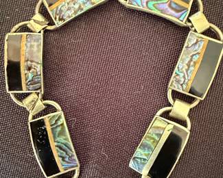 Vintage Sterling Silver and Abalone Inlay Link Bracelet - Taxco Mexico