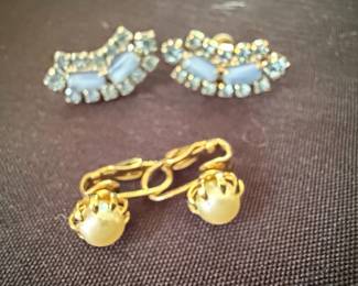 Vintage Pearl and Blue Rhinestone Screw-Back Earrings Set