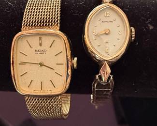 Vintage Seiko Quartz Rectangular Gold-Tone Mesh Bracelet Watch and Vintage Hamilton Oval Gold-Tone Watch
