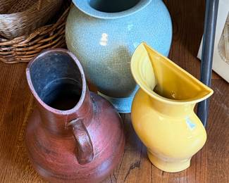 Set of 3 Decorative Ceramic Vases: Blue Crackle Glaze, Reddish-Brown Handled, Yellow Angular