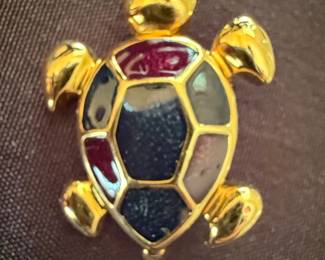 Vintage Enamel Turtle and Green Stone Sunburst Brooches