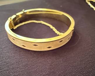 Estate Gold Tone Hinged Bangle Bracelet with Diamond Cutouts and Safety Chain