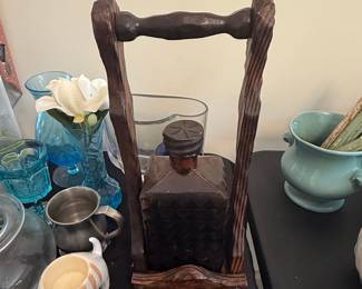Vintage Etched Glass Decanter with Wooden Caddy