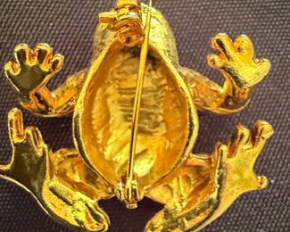 Gold-Tone Frog Brooch with Enamel Spots and Crystal Accent