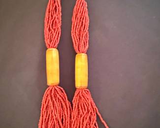 Tibetan Red Coral Multi Strand Necklace with Amber Cylinders