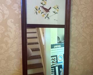 Framed Embroidered Wren and Yellow Flowers Mirror