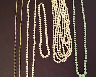 Assorted Necklaces: Gold Chain, Pearl, and Jade Beads