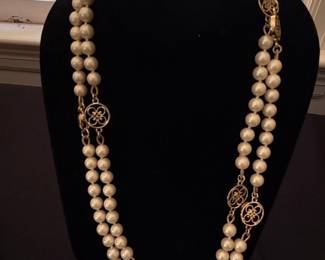 Double Strand Faux Pearl Necklace with Ornate Filigree Clasps