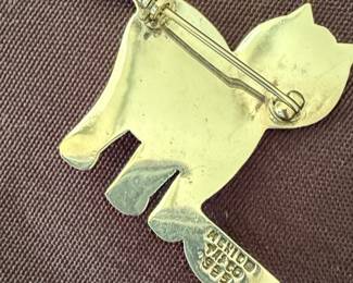 Mexican Sterling Silver Cat with Bowl Brooch
