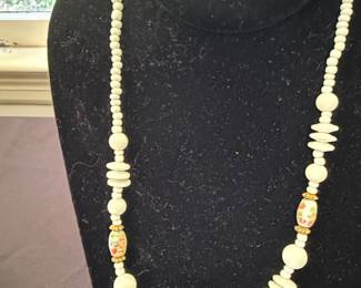 Vintage Porcelain Bead Necklace with Floral Motifs