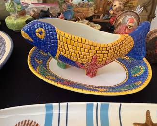Portuguese Ceramic Fish Shaped Serving Dish with Tray