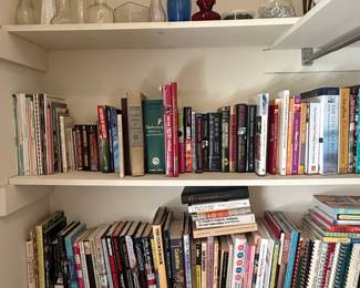 Assorted Cookbooks, Medical Dictionary, and Decorative Glass Vases