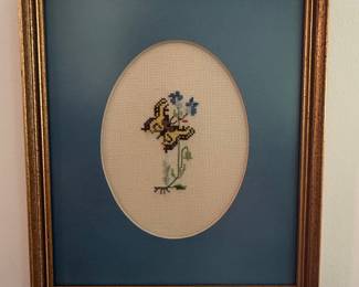 Framed Butterfly and Flower Cross-Stitch Art