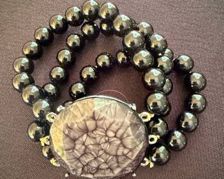 Black Obsidian Beaded Bracelet with Grey/Purple Agate Cabochon