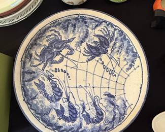 Blue and White Ceramic Plate with Crabs and Lobsters