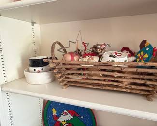 Christmas-themed Decorative Set with Rustic Log Basket and Scarecrow Figurine