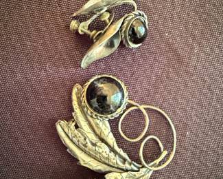 Sterling Silver Leaf Brooch and Earrings Set with Black Stone