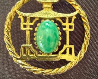 Vintage Gold-Toned Simulated Jade Pagoda Brooch Pendant