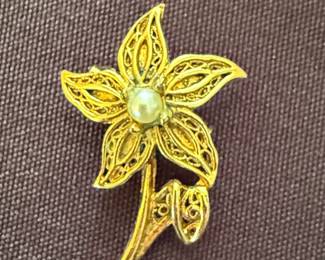 Filigree Flower Brooch with Pearl Accent