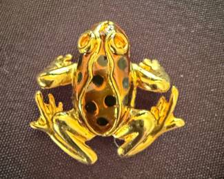 Gold-Tone Frog Brooch with Enamel Spots and Crystal Accent