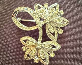 Vintage Rhinestone Floral and Ribbon Brooch