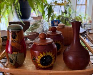 Nesting dolls, wood turned vases, canisters