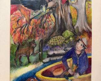 Framed Art, Man on Boat with Dog & Bird Saying Hi