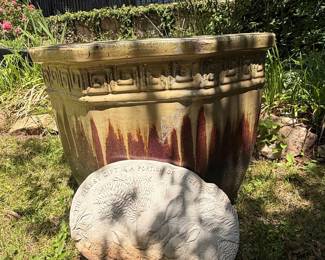Large Glazed Ceramic Planter with Greek Key Rim and Drip Glaze