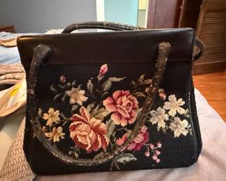Vintage Floral Needlepoint Handbag with Leather Trim