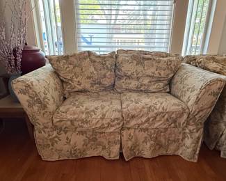 Vintage Floral Upholstered Loveseat with Skirted Base by Ethan Allen