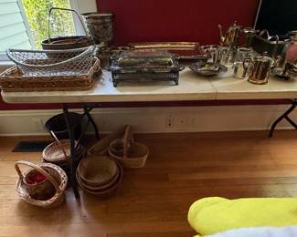Assorted Silver-Plated Serving Pieces and Baskets