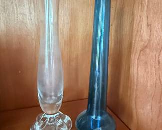 Pair of Vintage Cobalt Blue and Clear Swung Glass Bud Vases