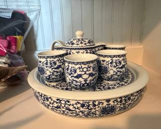 Blue and White Porcelain Tea Set with Tray