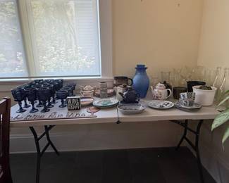 Blue Paneled Footed Glasses and Assorted Teapots, Vases, and Ceramics