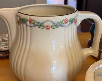 Hall's Superior Quality Kitchenware Pitcher with Blue Ribbon and Pink Roses